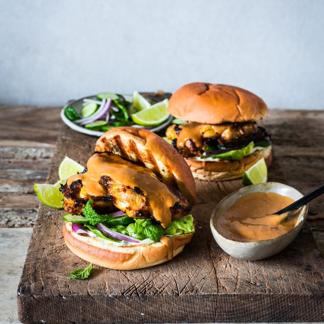 Pic's Peanut Butter — Grilled Chicken Burgers with Spicy Peanut Sauce