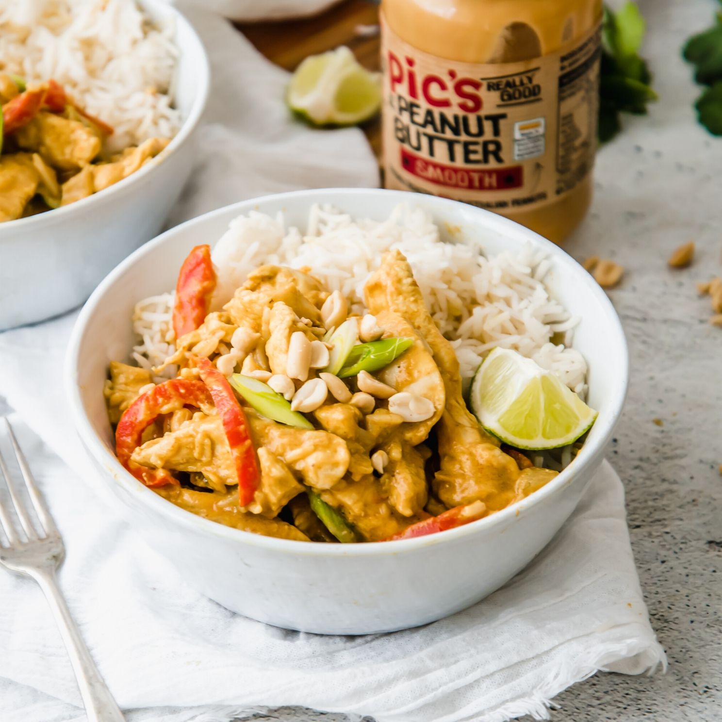 Pic's Peanut Butter — Chicken Satay served on rice and broccoli